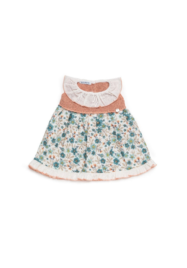 VESTIDO CUERPO PUNTO FLORES SALMON